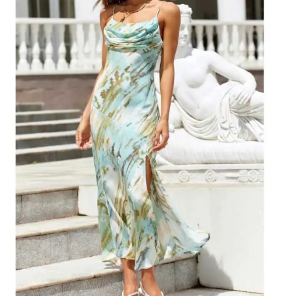 Midi Dress Satin, watercolor Blue and green. Cocktail party or wedding. Small